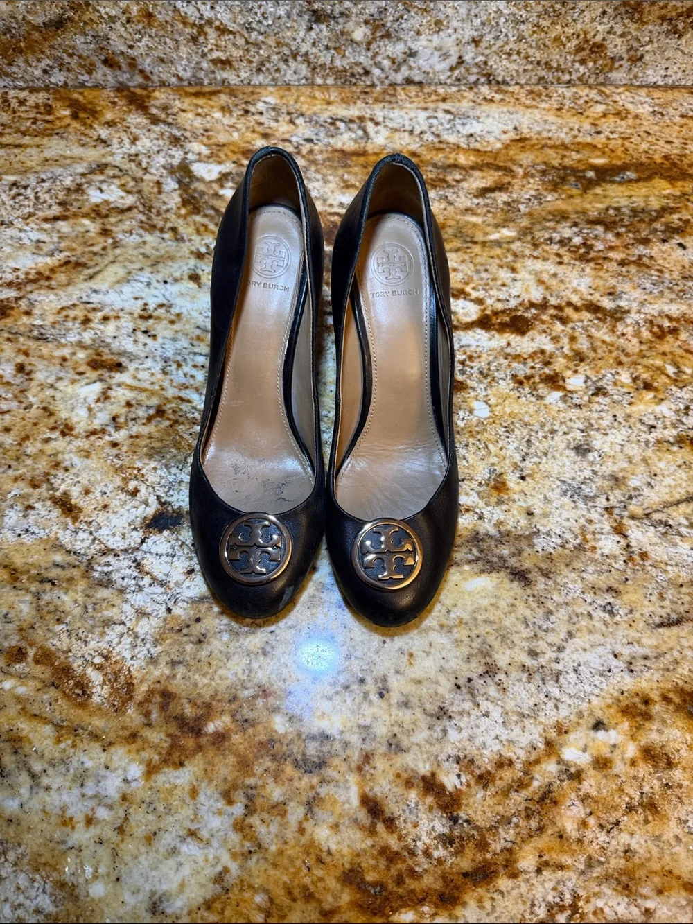 Tory Burch Black Leather Logo Pump with Gold Emblem
